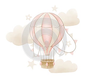 Hot air Balloon with cloud and stars in pastel pink and beige colors. Hand drawn watercolor illustration for Baby shower