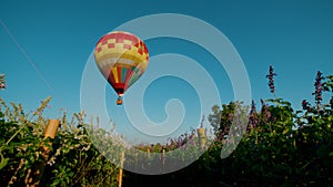 Hot air balloon drifting above flowery field, against sky backdrop