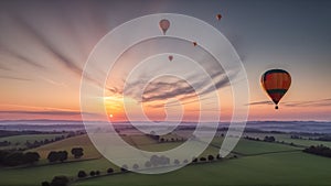 Hot air balloon festival at sunset over the countryside. Generative AI