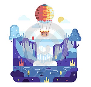 Hot air balloon flies over a waterfall, forest and lake - Vector cartoon flat illustration.