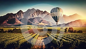 The hot air balloon flies in the sky over the fields and mountains.