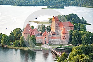 Hot Air Balloon Flight over Trakai. Medieval castle of Trakai, Vilnius, Lithuania