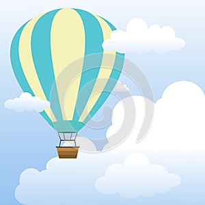 Hot Air Balloon Floating in Cloudy Blue Sky View.Bright Sky with Clouds Vector Illustration