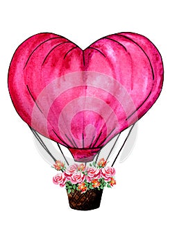 Hot Air Balloon With Flowers. Hand Drawn Illustration. Wedding Concept.