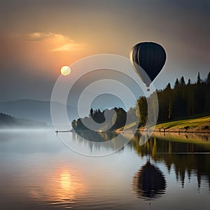 Hot air balloon flying in nature, with beautiful mountain and sunrise sunset concept, celebration theme