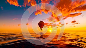 Hot air balloon flying over body of water at sunset or sunrise. Generative AI