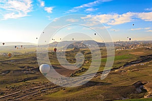 Hot air balloon flying over Cappadocia