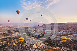 Hot air balloon flying over Cappadocia Turkey