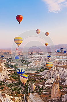 Hot air balloon flying over Cappadocia Turkey