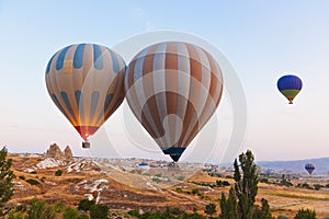 Hot air balloon flying over Cappadocia Turkey