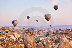 Hot air balloon flying over Cappadocia Turkey