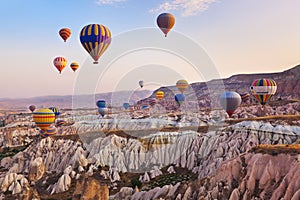 Hot air balloon flying over Cappadocia Turkey