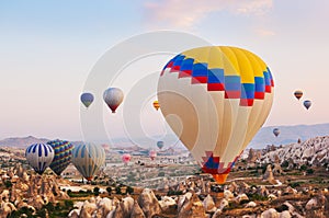 Hot air balloon flying over Cappadocia Turkey