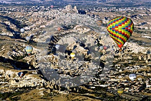 Hot air balloon flying over Cappadocia Turkey