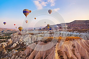 Hot air balloon flying over Cappadocia Turkey