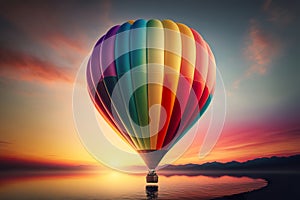 Hot air balloon flying over dramatic mountain landscape covered in clouds