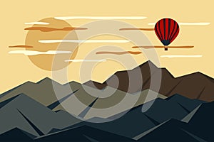 Hot air balloon flying over mountain range landscape background in flat style. Huge sun over rock peaks, wilderness area. Travel