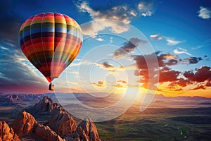 Hot air balloon flying over the mountains into the sunset photo
