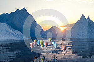 Hot air balloon flying over the ocean, 3d rendering