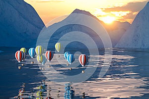 Hot air balloon flying over the ocean, 3d rendering