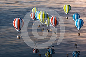 Hot air balloon flying over the ocean, 3d rendering