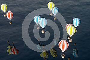 Hot air balloon flying over the ocean, 3d rendering