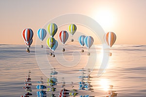 Hot air balloon flying over the ocean, 3d rendering