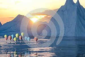 Hot air balloon flying over the ocean, 3d rendering