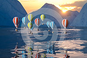 Hot air balloon flying over the ocean, 3d rendering