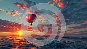 Hot Air Balloon Flying Over Ocean at Sunset
