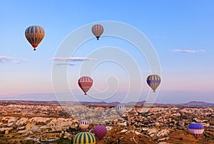 Hot air balloon flying over Cappadocia Turkey