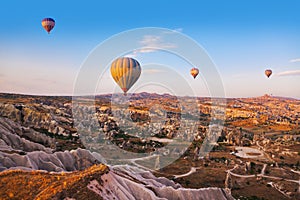 Hot air balloon flying over Cappadocia Turkey