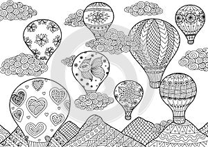 Hot air balloon flying, zentangle stylized for coloring book for anti stress for both adult and children - stock