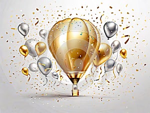 Hot air balloon with golden and silver confetti, 3d illustration, festival, celebration party, anniversary, party concept, digital