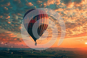 A hot air balloon gracefully floats through the vibrant sky, illuminated by the setting suns warm hues, Visualize a hot air