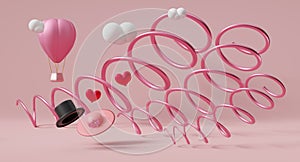 Hot air balloon and hat with heart shaped for Valentine`s Day abstract background in pink pastel composition ,3d illustration or