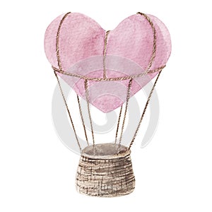 Hot air balloon Heart shape. Hand drawn watercolor element for design Valentine`s card