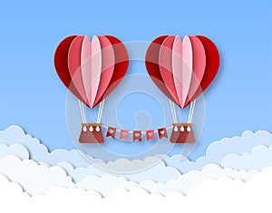 Hot air balloon in heart shape. Happy valentines day invitation card vector template
