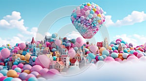 a hot air balloon made out of balloons in a fantasy cartoon world, birthday gift card, ai generated image