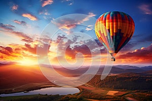 Hot air balloon with a natural landscape on a beautiful sunset