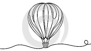 Hot air balloon in One continuous line drawing. Travel flying on aerostat in sky logo.