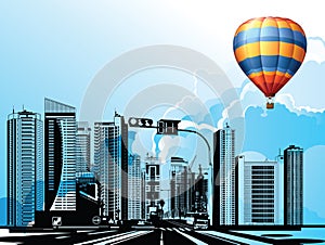 Hot air balloon over City skyline