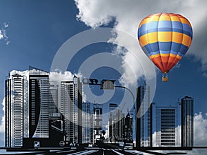 Hot air balloon over City skyline