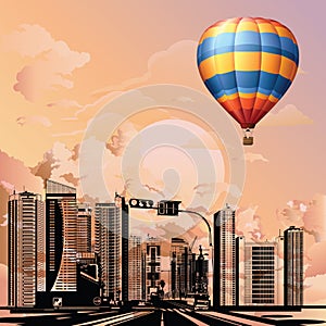 Hot air balloon over City skyline at dawn