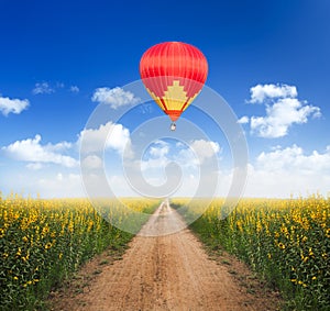 Hot air balloon over dirt road