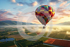 Hot air balloon over field and blue sky. 3D Rendering, AI Generated