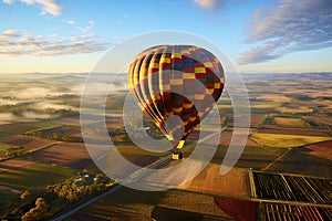 Hot air balloon over the field at sunrise. 3d illustration, AI Generated