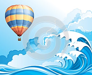 Hot air balloon over ocean