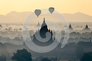 Hot air balloon over pagodas at Bagan, Myanmar
