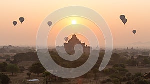 Hot air balloon over plain of Bagan in misty morning, Myanmar